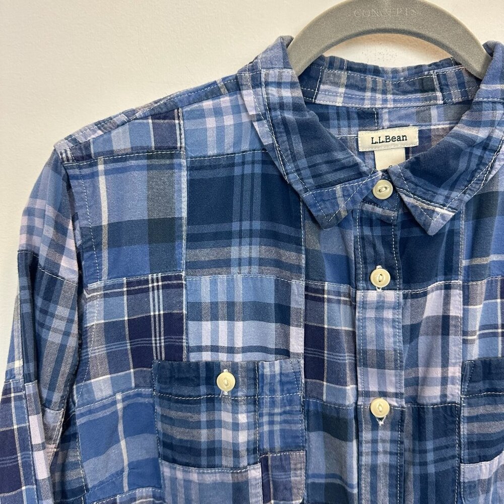 L.L.Bean Blue Patchwork Plaid Madras Style Button Up Shirt Small